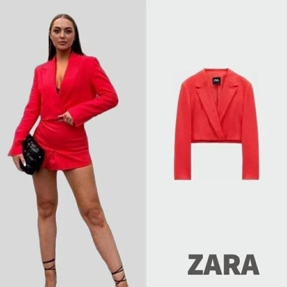 Zara Cropped Blazer Women’s Large Red Hidden Buttons Linen blend Long Sleeve